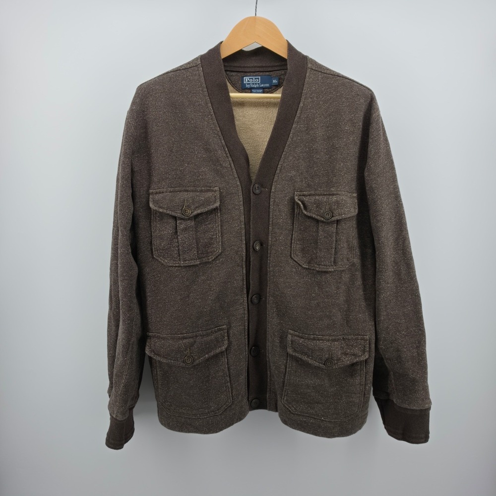 Polo Ralph Lauren Brown Marled Cotton Cardigan Sweater Mens XL 4 Pocket Utility